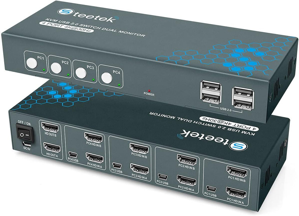 KVM Switch Dual Monitor 2 Port 4K@60Hz, HDMI, 2 in 2 Out, with 4 HDMI and 2 USB Cables D730