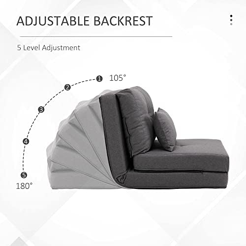 Convertible Flip Chair Floor Lazy Sofa Folding Upholstered Couch Bed with Adjustable Backrest Metal Frame and Pillows Dark Grey D7958