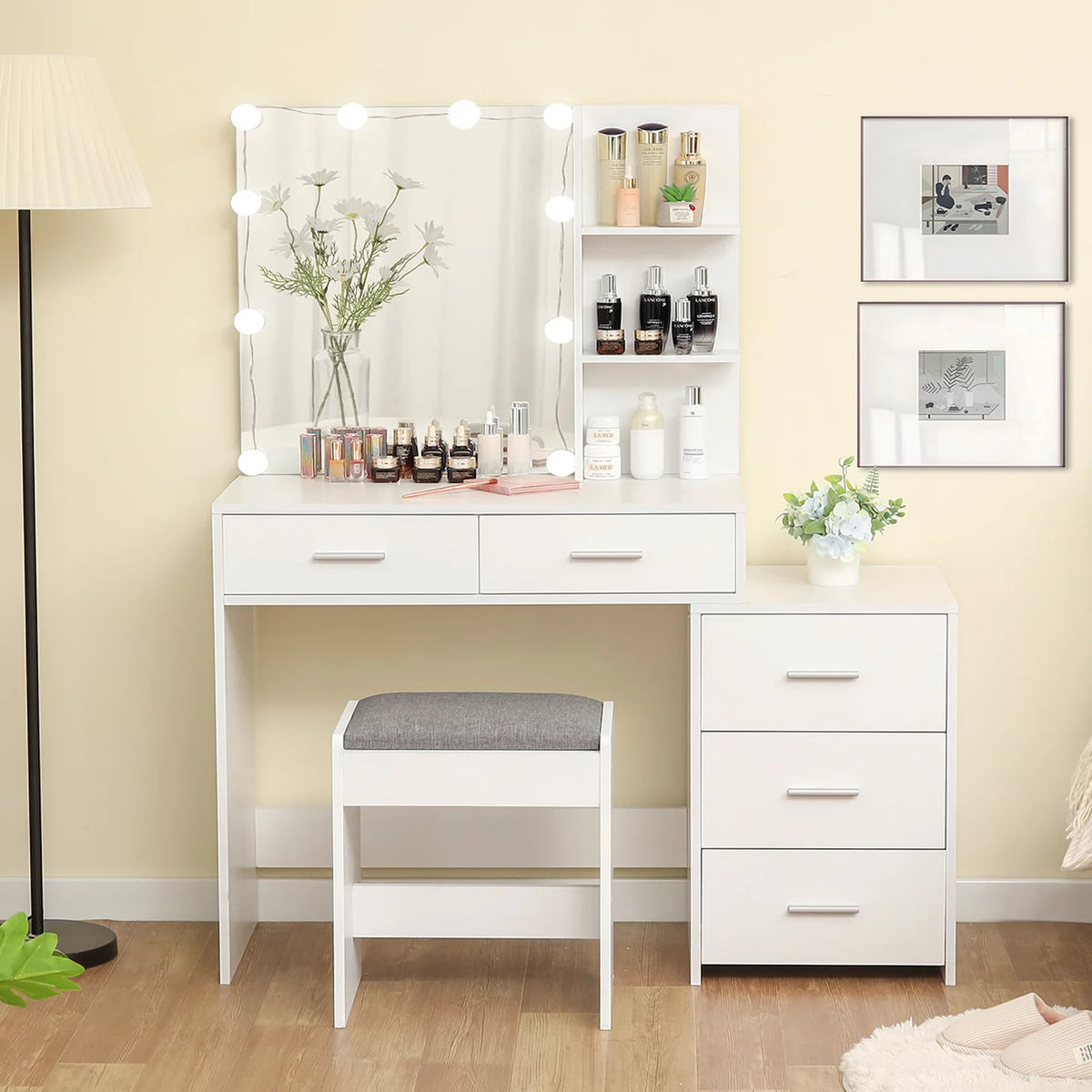Large Vanity Set with 10 LED Lights, 3-Drawer Chest, Cushioned Stool, White E603122