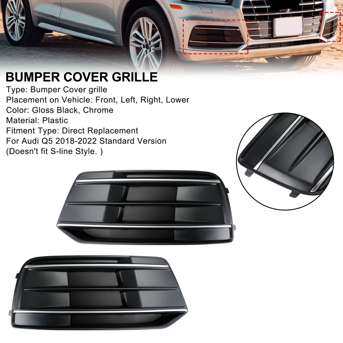 Front Bumper Cover Grille Bezel Insert for Audi Q5 2018-2022 Black/Chrome I499