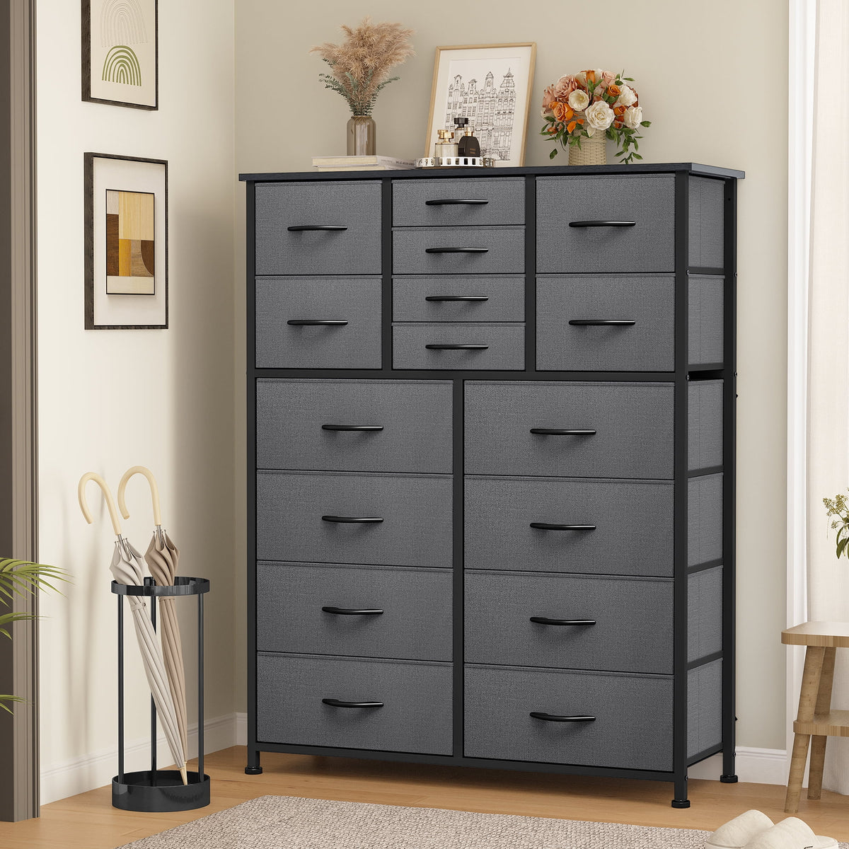 16 Drawer Fabric Dresser with Metal Frame and Wooden Top I7478