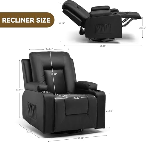 Black Swivel Rocker Recliner Chair with Cup Holders K28346