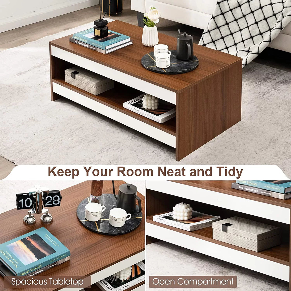 37 Inch Two-Tier Wooden Coffee Table with Storage Shelf E6038