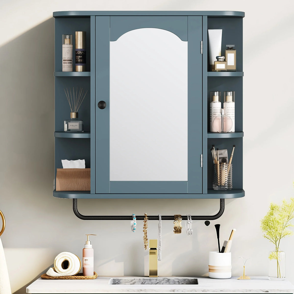 Blue Wall Bathroom Storage Medicine Cabinet with Adjustable Shelves and Towel Rack N390