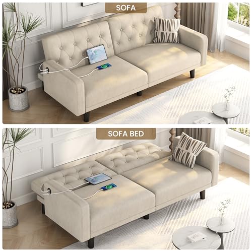Beige Convertible Sofa Bed with USB Q129589