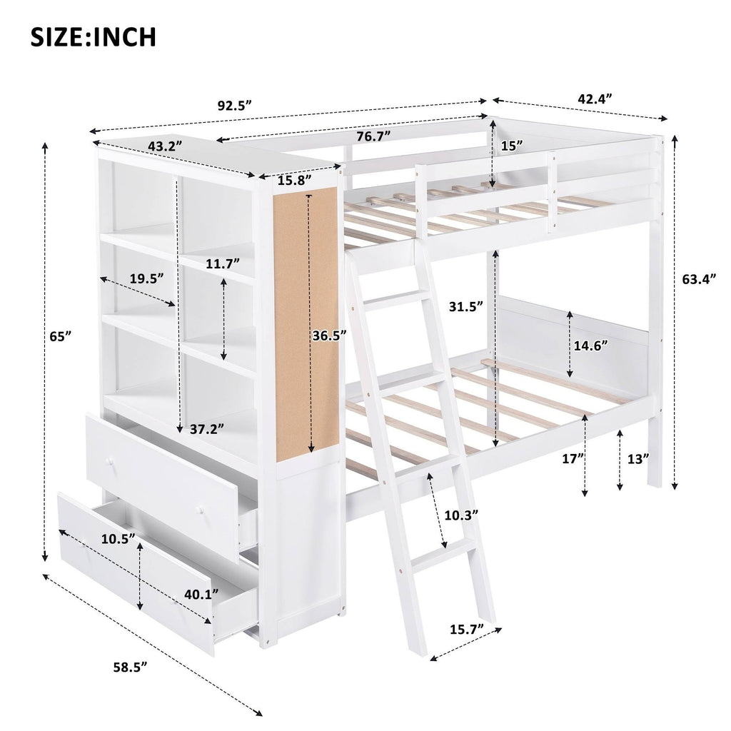 White Twin Over Twin Bunk Bed with Bookcase and 2 Drawers G8698