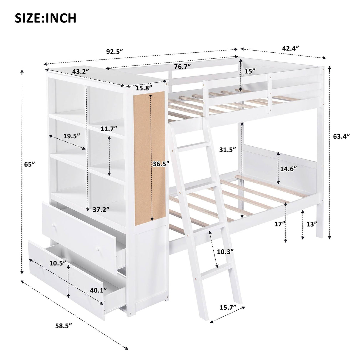 White Twin Over Twin Bunk Bed with Bookcase and 2 Drawers G8698