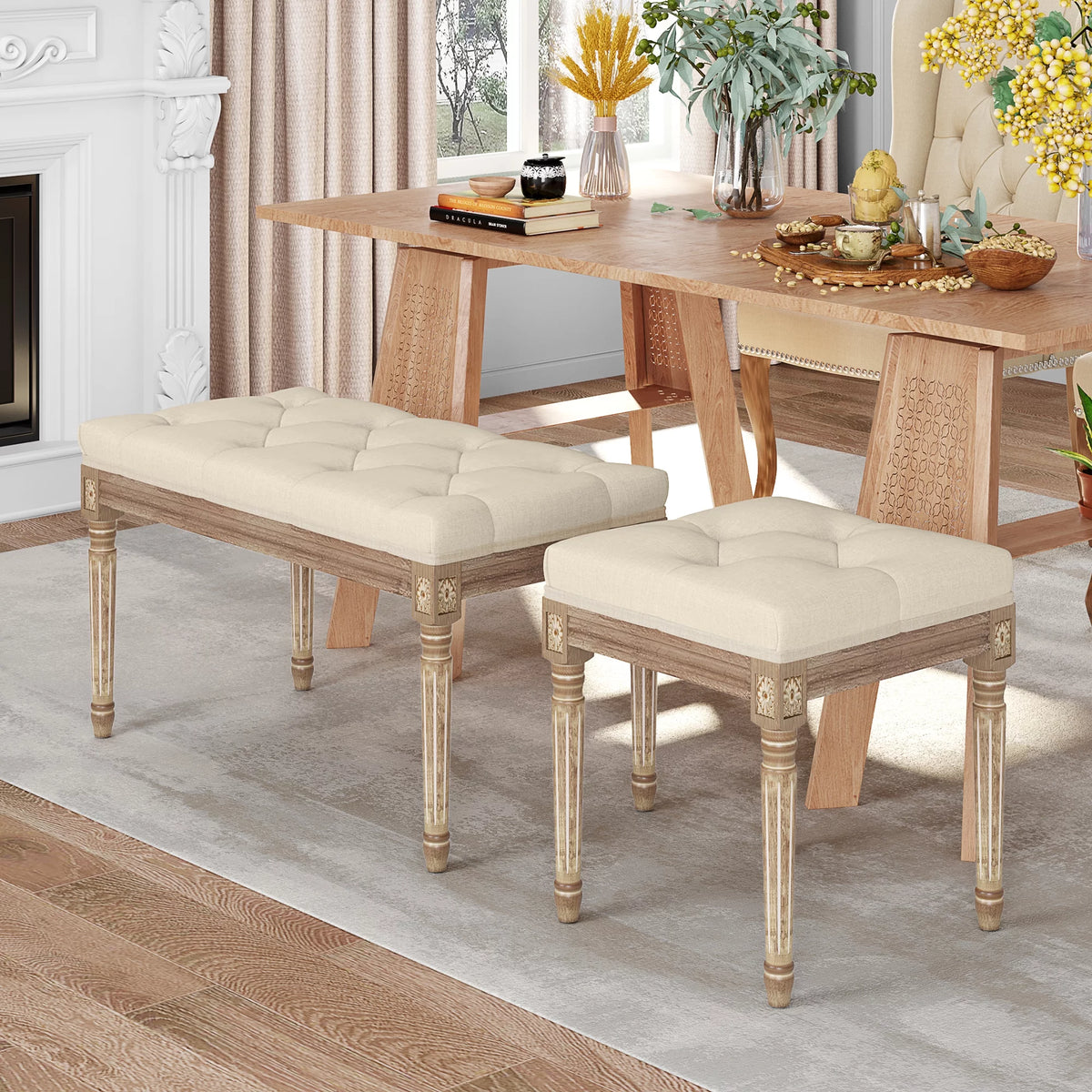 Beige Upholstered Bench with Carved Wood Legs I183838