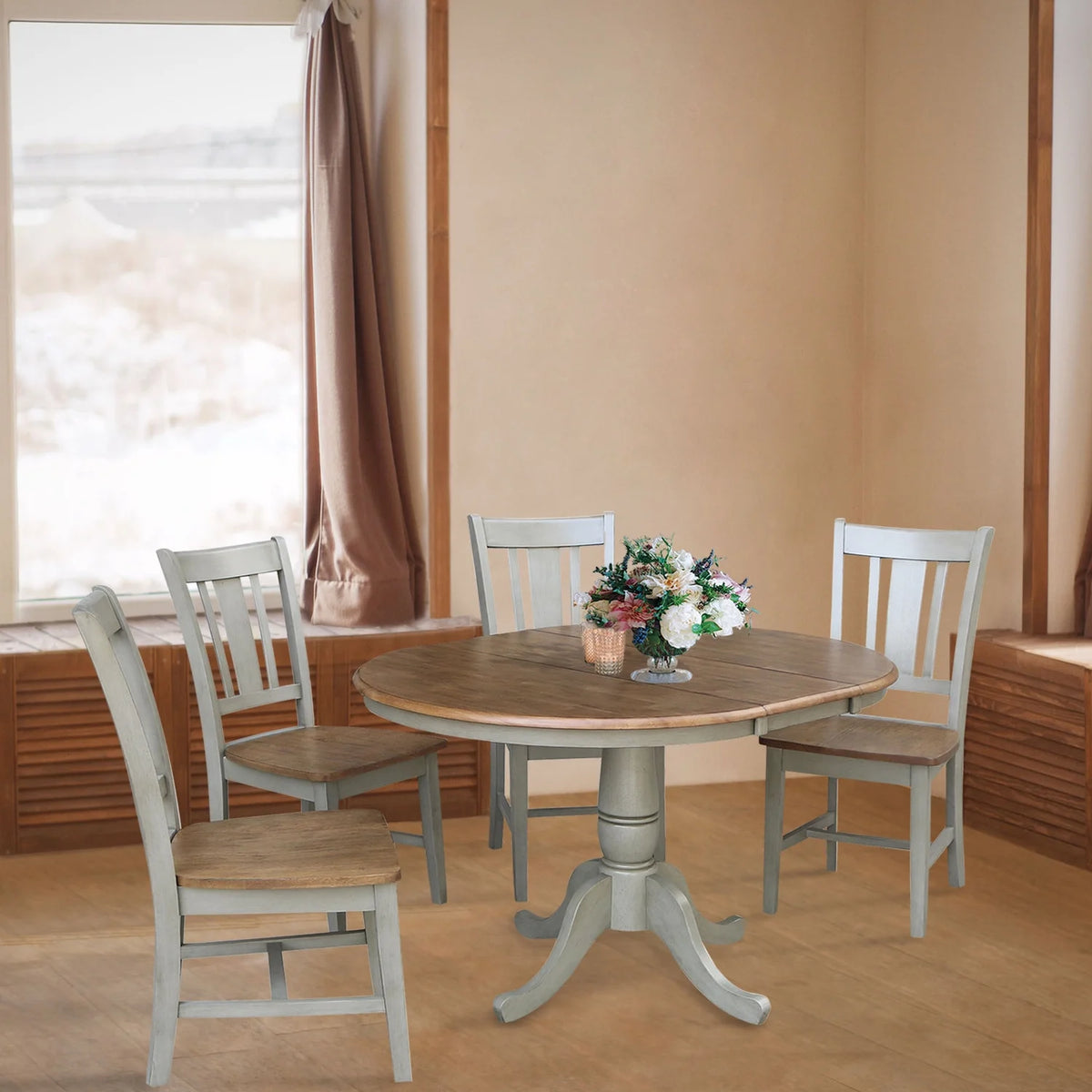 36" Round Wood Extension Dining Table With 4 Chairs X89826