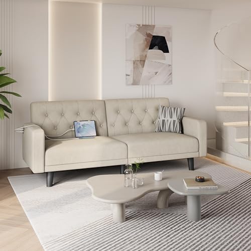 Beige Convertible Sofa Bed with USB Q129589