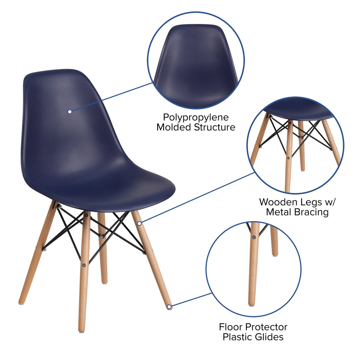 2 Pack Navy Plastic Chair with Wooden Legs K316