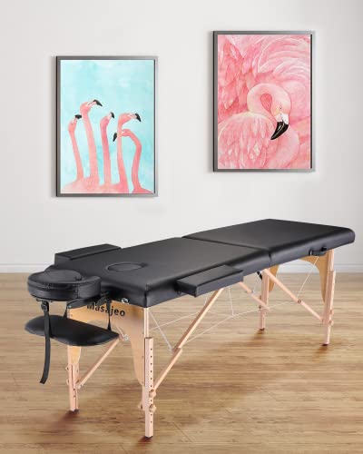 Portable Massage Table Wooden Frame Height Adjustment Black 3-Section T5266