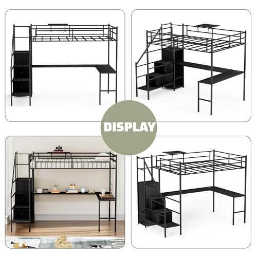 Full Size Black Metal Loft Bed with Desk and Stairs R910491