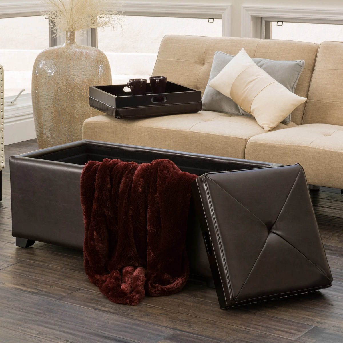 Brown Faux Leather Storage Ottoman W5469