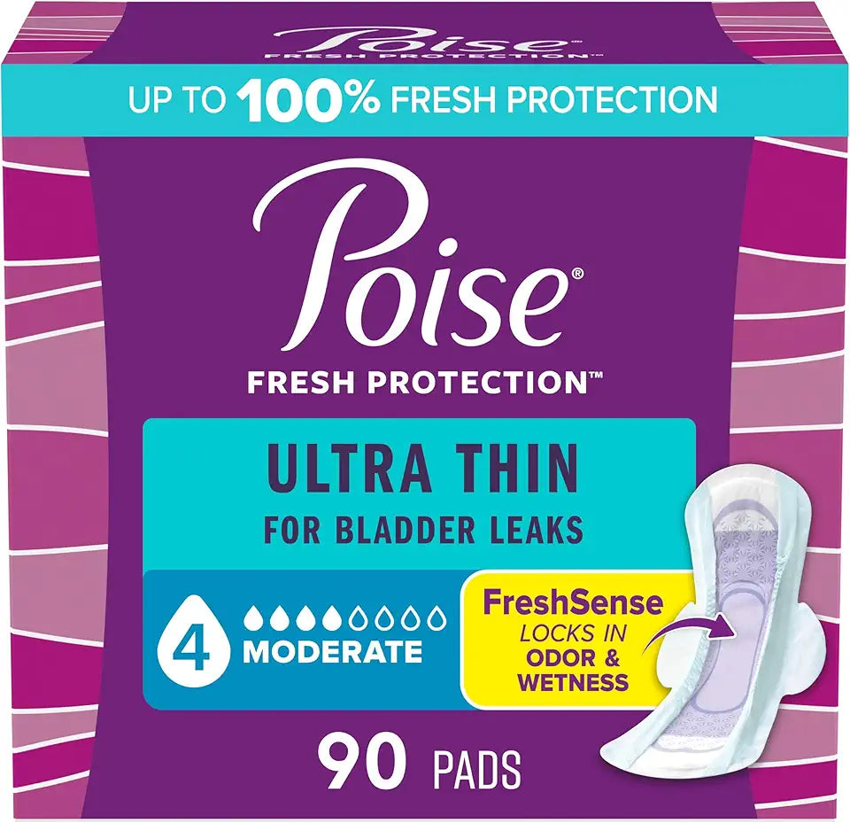 Ultra Thin Incontinence & Postpartum Pads with Wings, 4 Drop Moderate Absorbency, Regular Length, 90 Count N241707