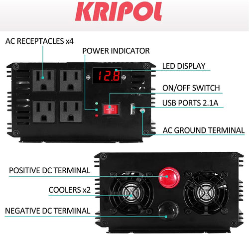 2000 Watt 12V DC to 110v/120v AC Power Inverter with 4 AC Outlets and USB Output Y968791