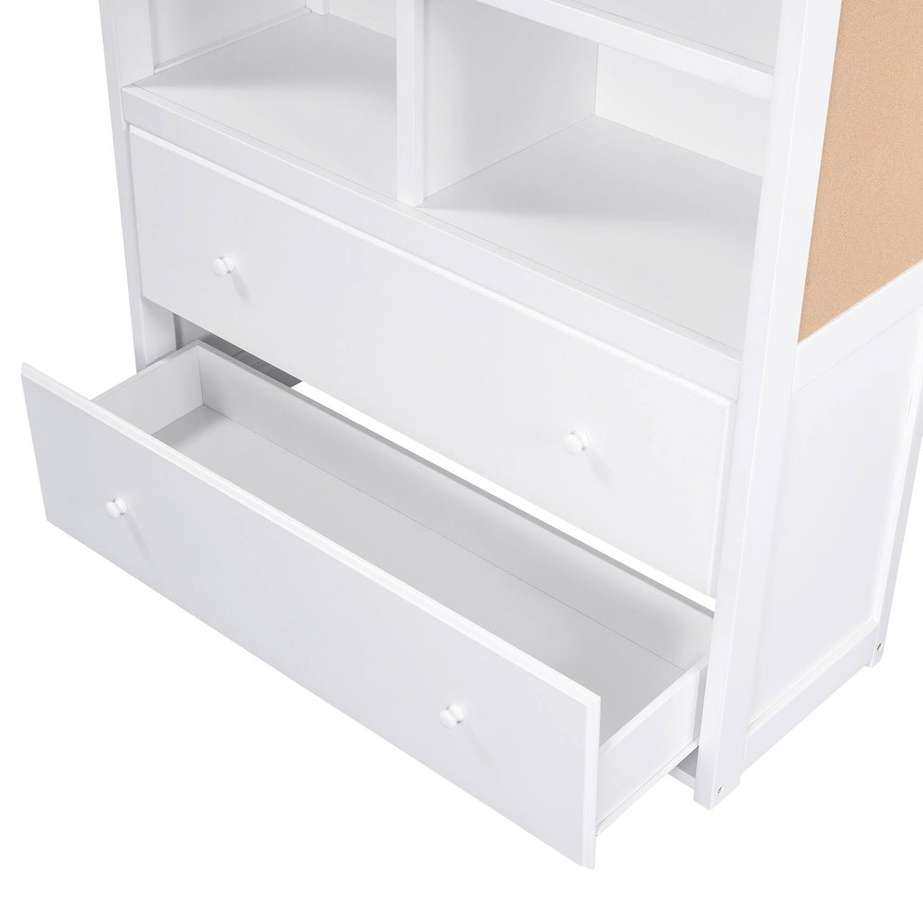 White Twin Over Twin Bunk Bed with Bookcase and 2 Drawers G8698