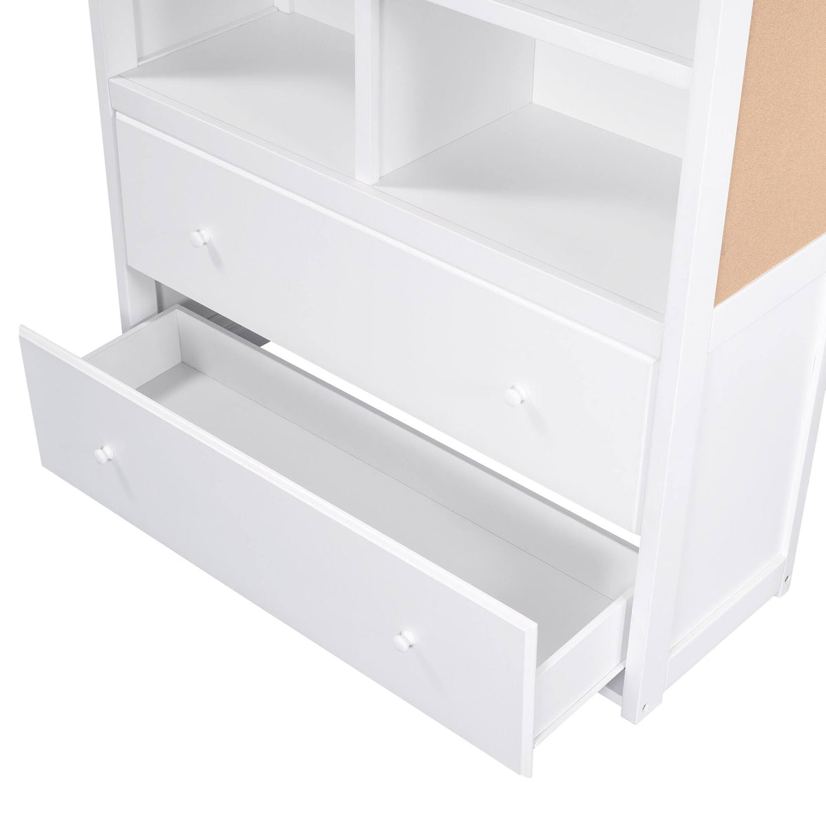 White Twin Over Twin Bunk Bed with Bookcase and 2 Drawers G8698