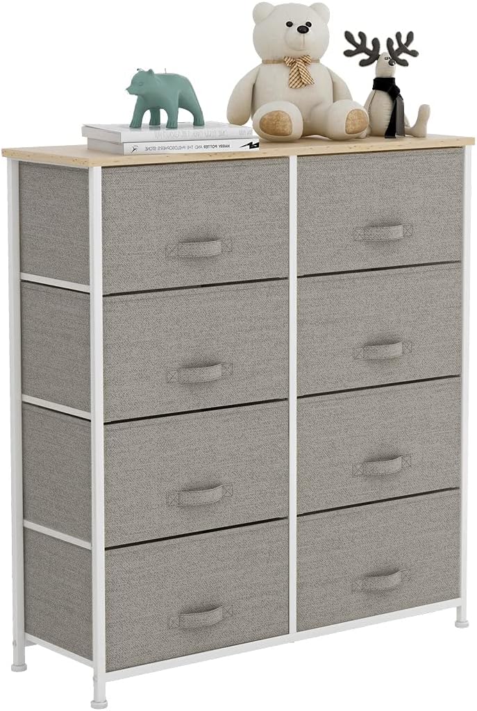Light grey 8 Drawer Fabric Dresser with Steel Frame and Wooden Top T72017