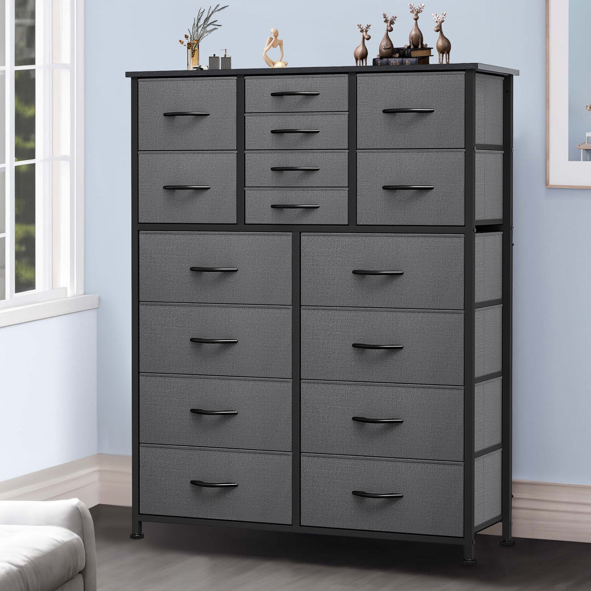 16 Drawer Fabric Dresser with Metal Frame and Wooden Top I7478