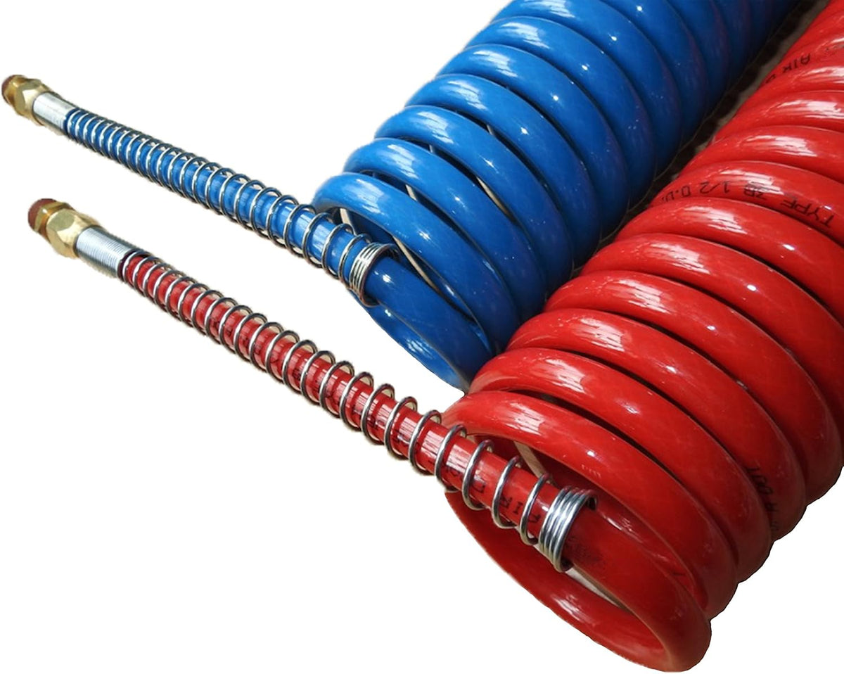 COILED AIR SET LINE ASSEMBLY RED & BLUE TRUCK TRAILER BRAKE COIL SET, 15' LENGTH; 2 X 12" LEADS Pack of 2 P510802