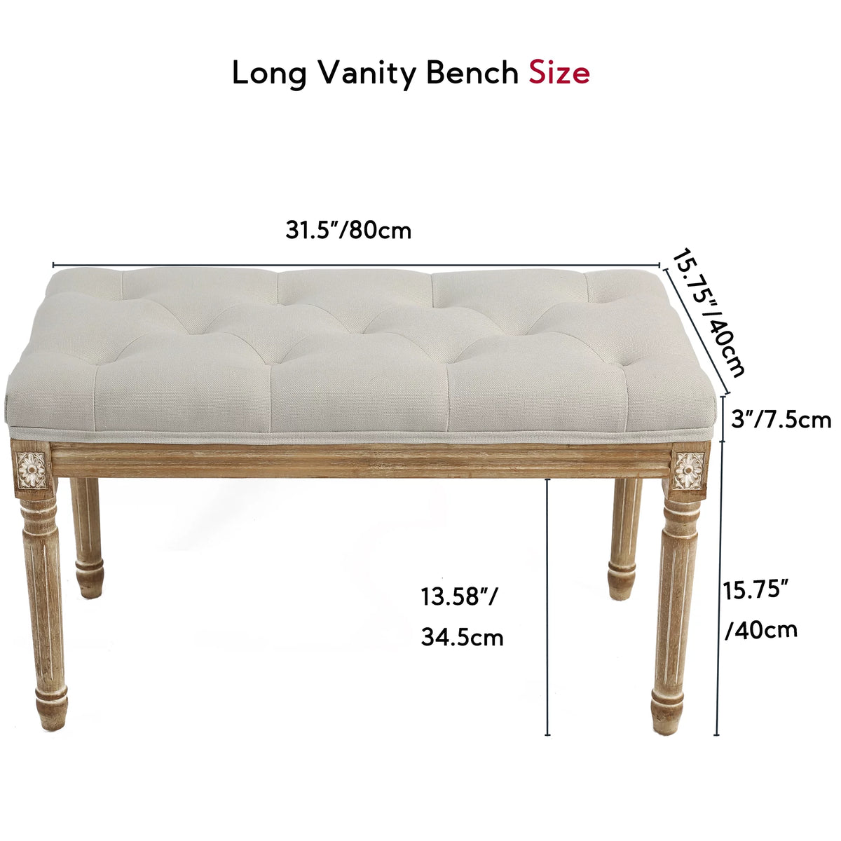 Beige Upholstered Bench with Carved Wood Legs I183838