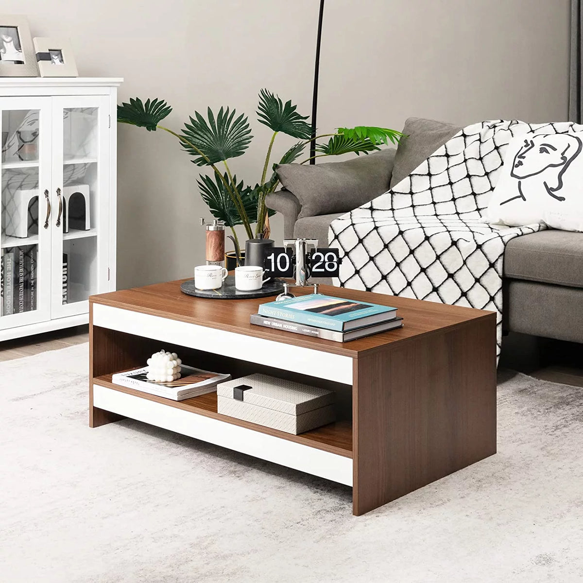 37 Inch Two-Tier Wooden Coffee Table with Storage Shelf E6038