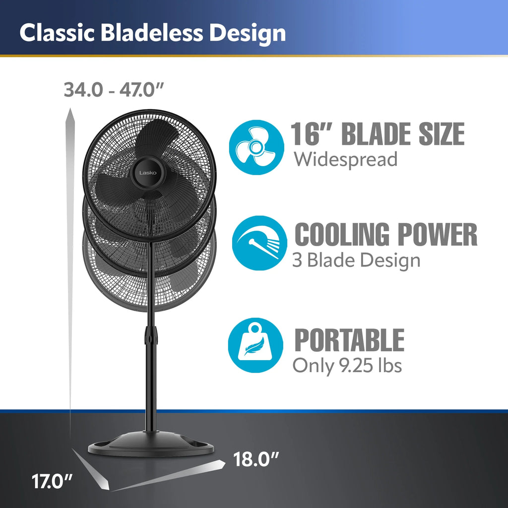 16 Oscillating Adjustable Pedestal Fan with 3-Speeds, Black Q2981