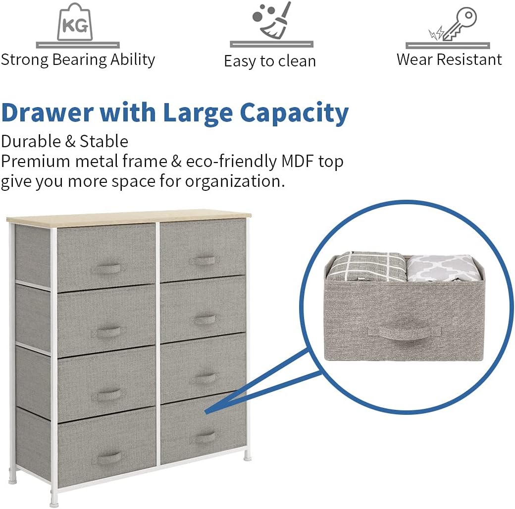 Light grey 8 Drawer Fabric Dresser with Steel Frame and Wooden Top T72017