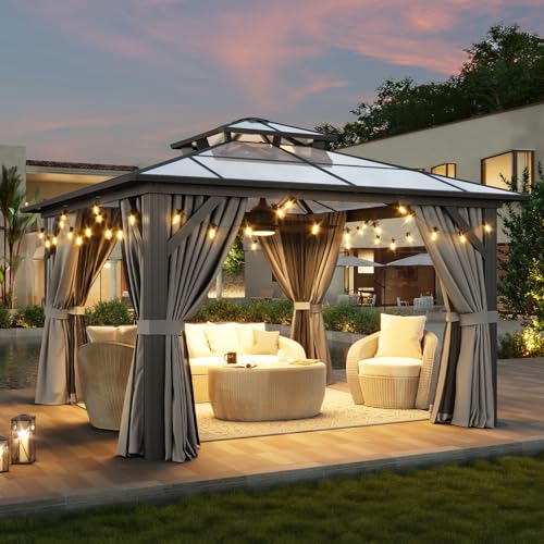 12'x10' Aluminum Hardtop Gazebo with Curtains and Netting Q259